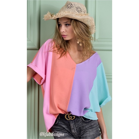 LAST 1! V Neck Roll up Sleeves Color Block Oversized Top! - Picture 7 of 9
